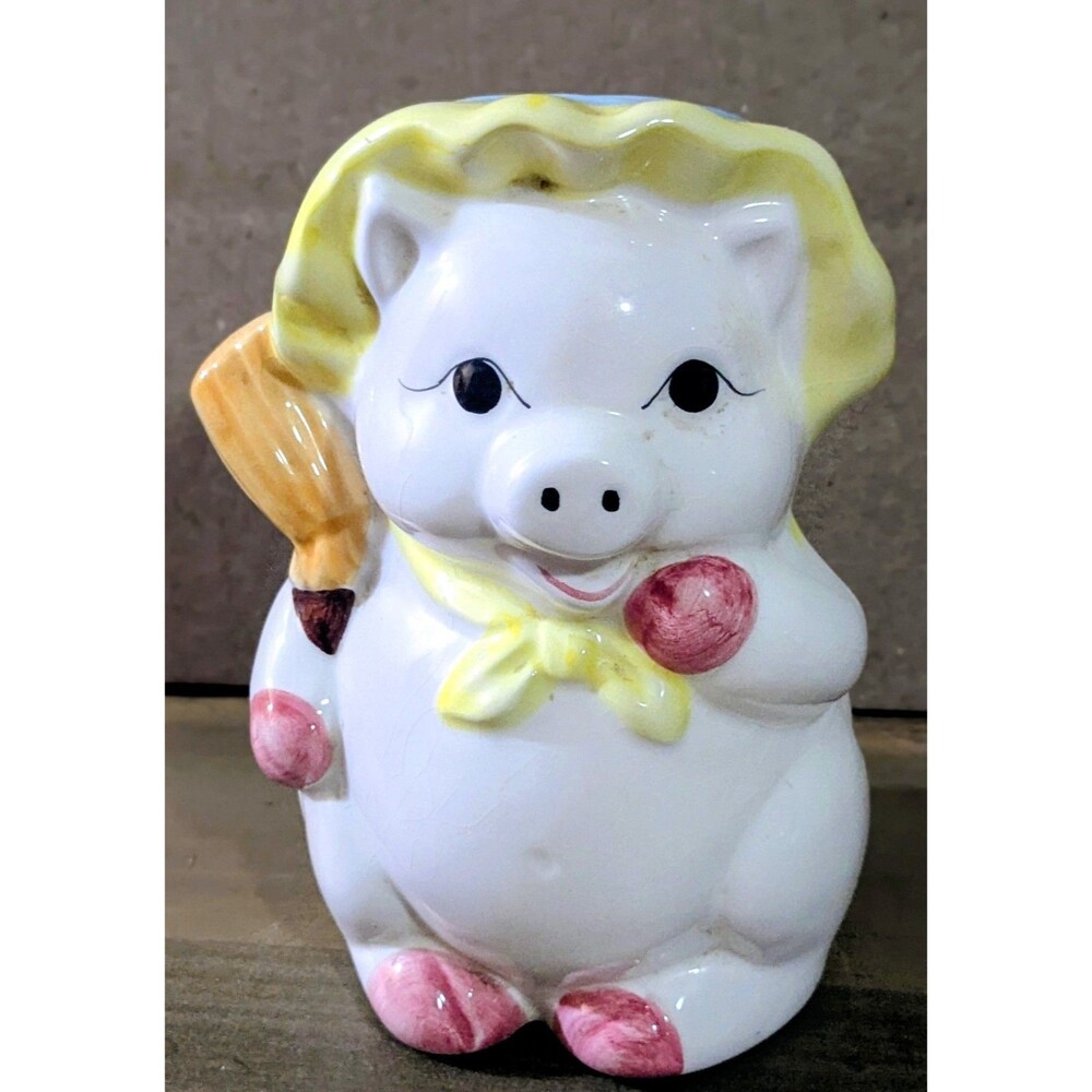 “Vintage Ceramic Pig Planter w/ Bonnet & Broom – Mid Century Kitsch Farmhouse...